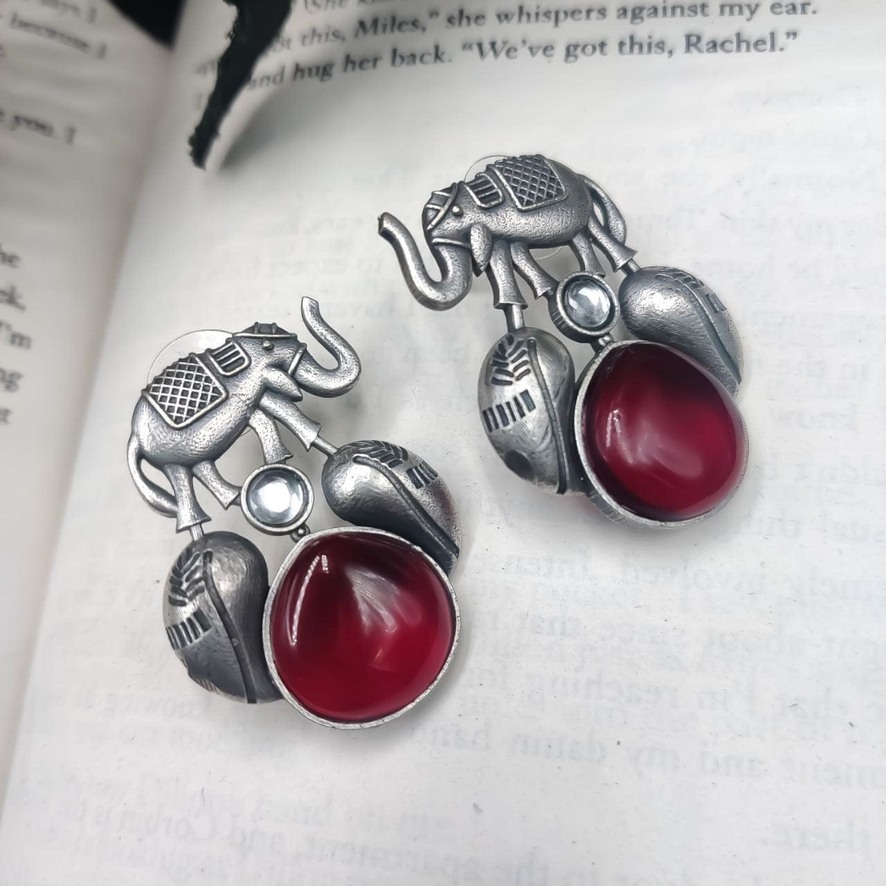 Traditional Silver Replica Elephant Design Earrings - Best Monalisa Stone Stud - Image 5