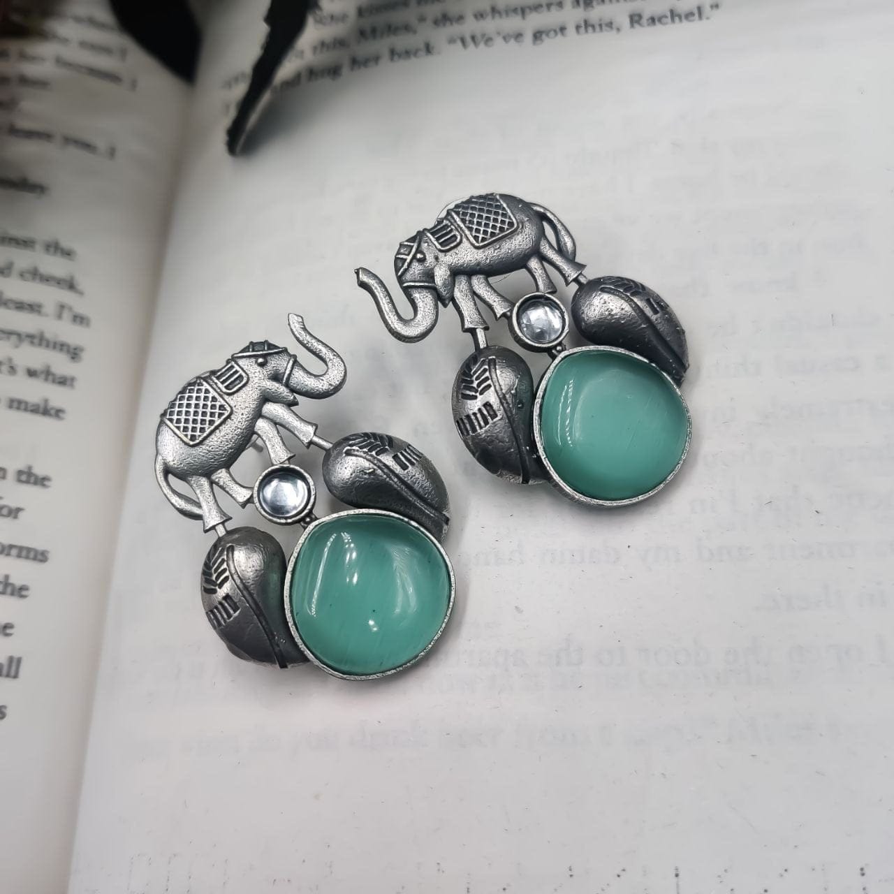 Traditional Silver Replica Elephant Design Earrings - Best Monalisa Stone Stud - Image 4