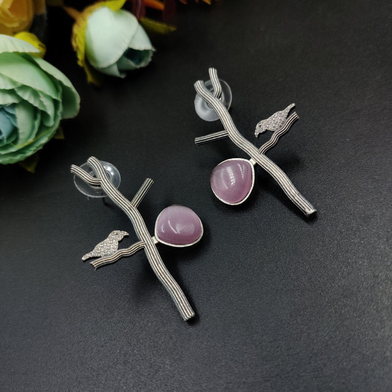 Antique Silver Replica Bird Earrings - Best Monalisa Stone Stud Casual Earring - Image 6