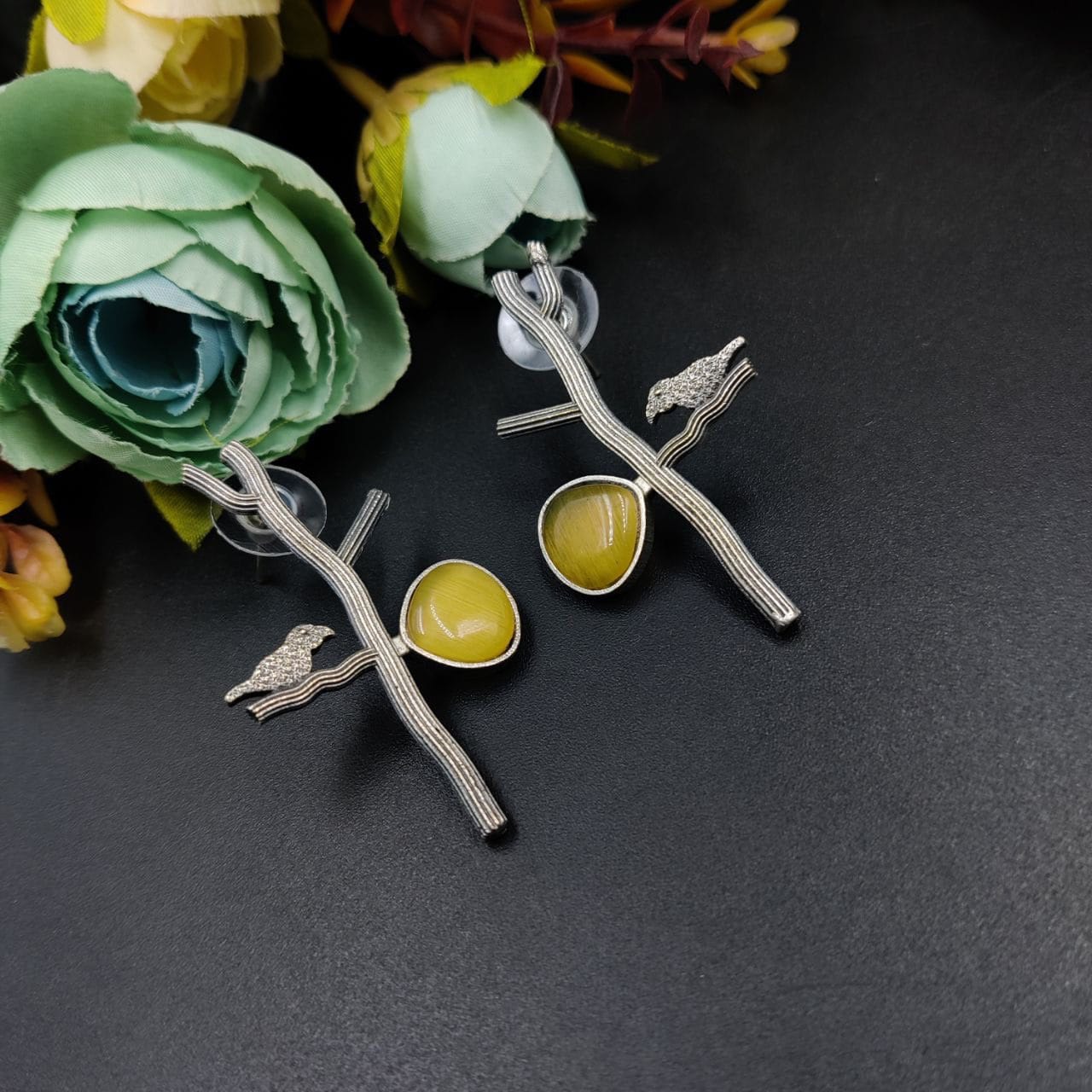 Antique Silver Replica Bird Earrings - Best Monalisa Stone Stud Casual Earring - Image 5