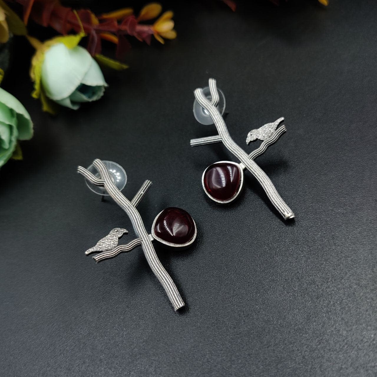 Antique Silver Replica Bird Earrings - Best Monalisa Stone Stud Casual Earring - Image 3