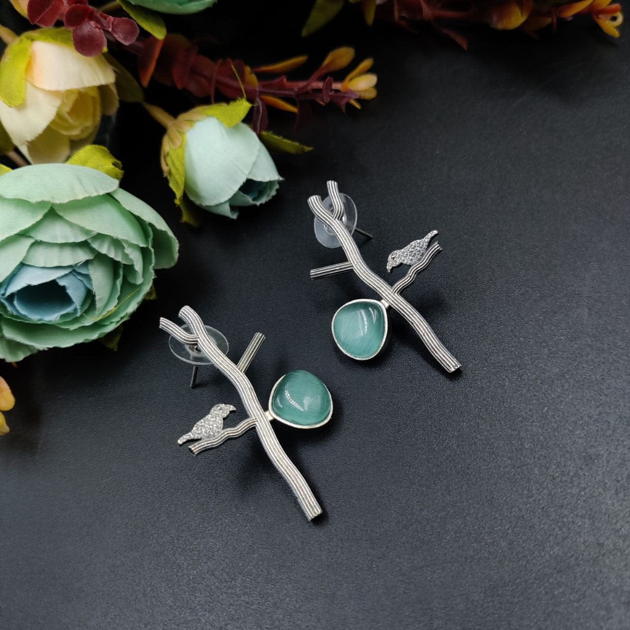 Antique Silver Replica Bird Earrings - Best Monalisa Stone Stud Casual Earring - Image 2