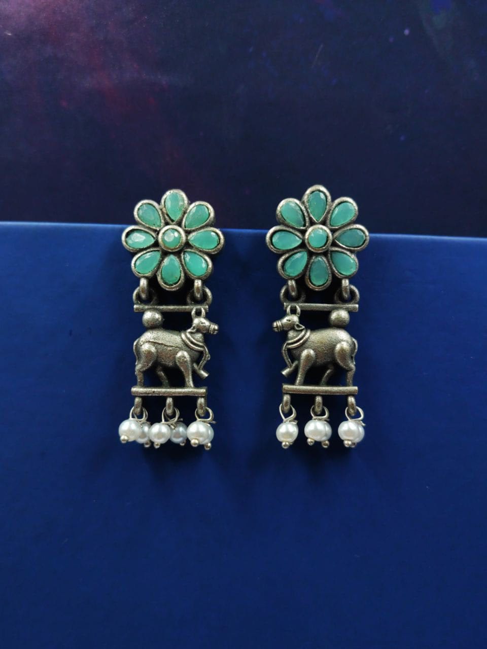 Traditional Nandi Earrings - Best Oxidised Silver Replica Stud For Girls - Image 3