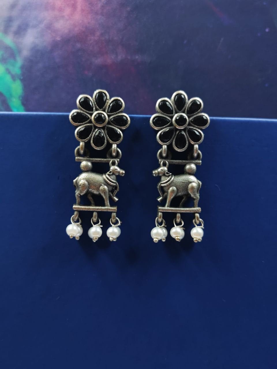 Traditional Nandi Earrings - Best Oxidised Silver Replica Stud For Girls - Image 4