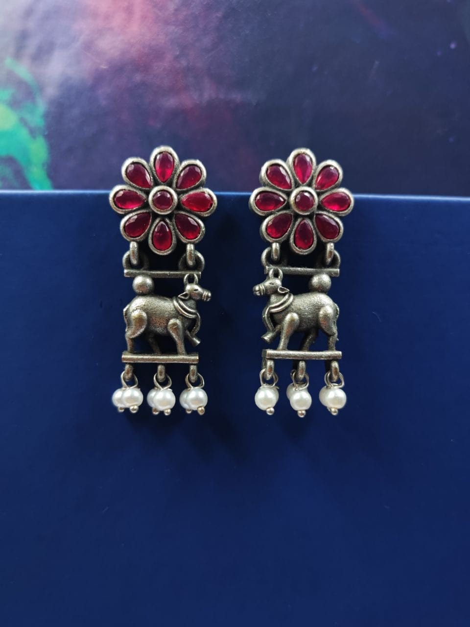 Traditional Nandi Earrings - Best Oxidised Silver Replica Stud For Girls - Image 5