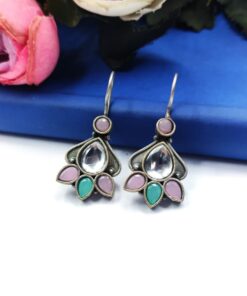 Designer Oxidised Stone Work Hook Earrings - Best Daily Wear Earrings