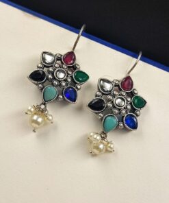 Silver Look Like Oxidised Stone Stud Earrings For Girls