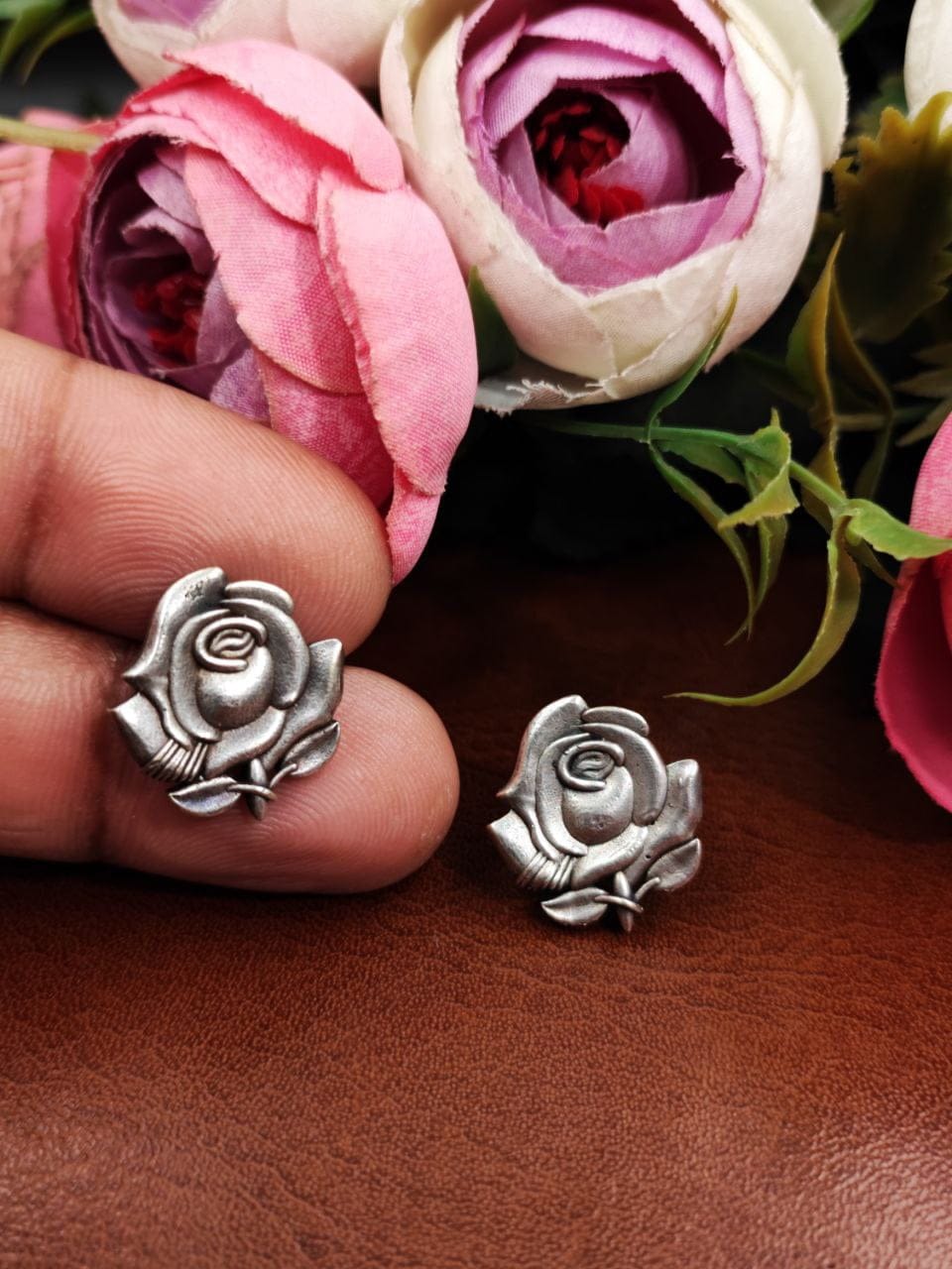 Oxidised Rose Earrings | Affordable Silver Replica Stud For Girls - Image 2