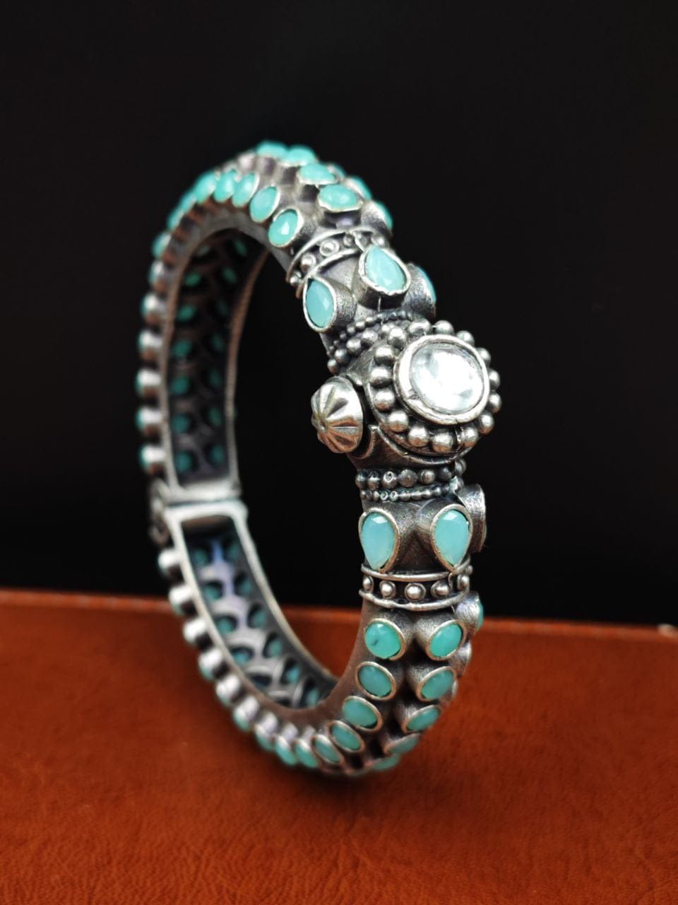 Stone Work Oxidised Silver Replica Bangles | Free Size Openable Bracelet - Image 6