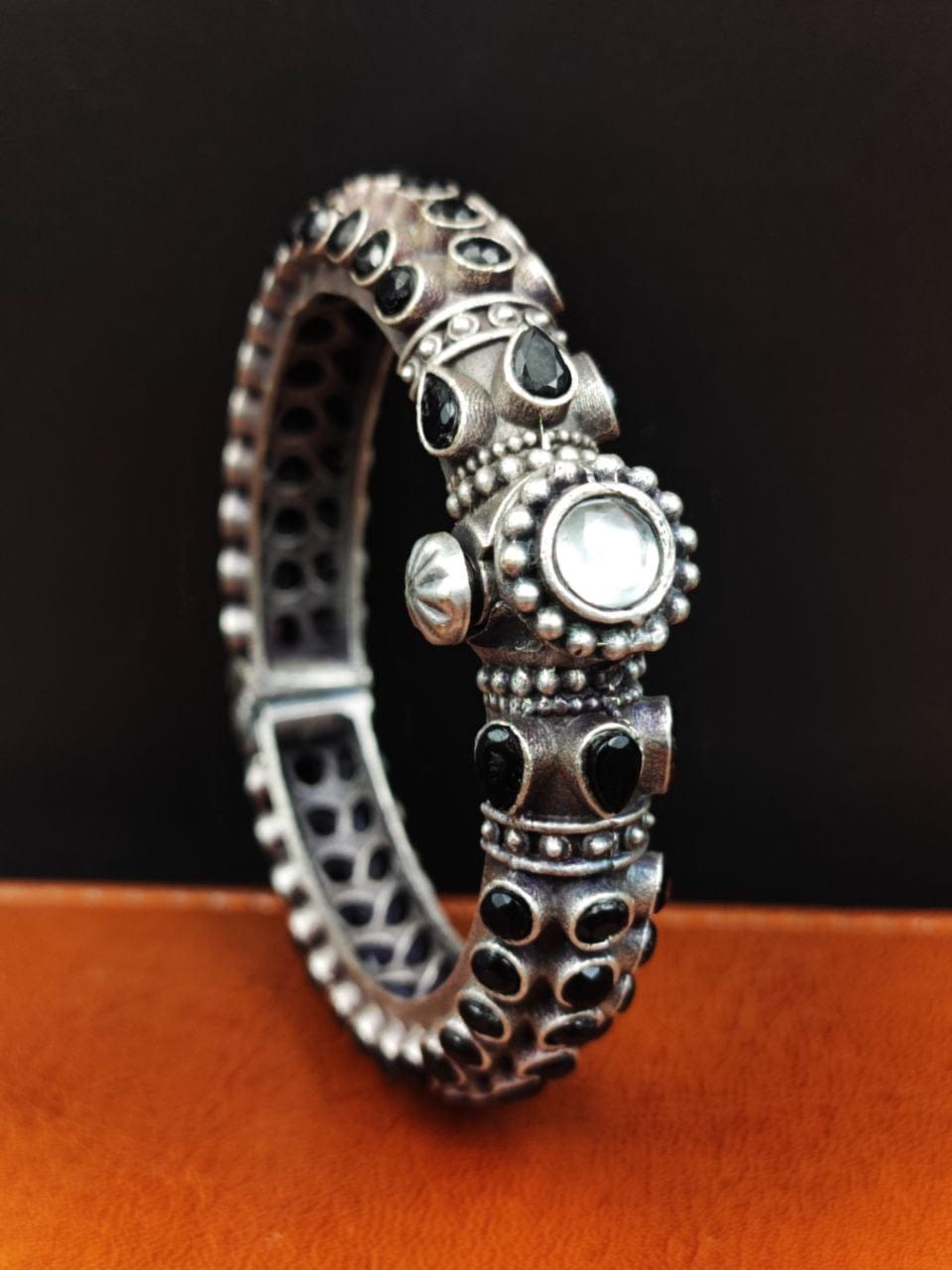 Stone Work Oxidised Silver Replica Bangles | Free Size Openable Bracelet - Image 5