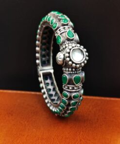 Stone Work Oxidised Silver Replica Bangles | Free Size Openable Bracelet