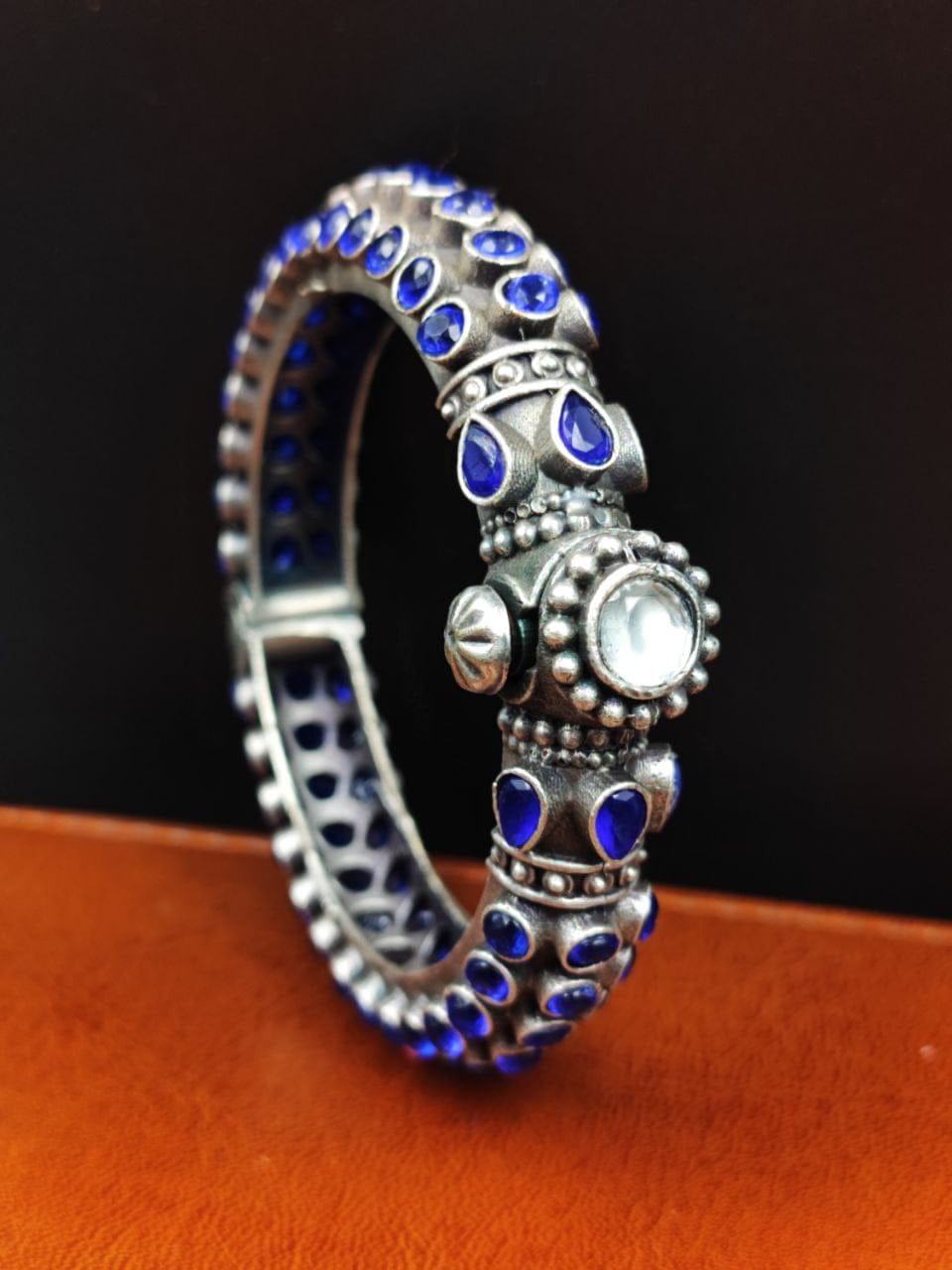 Stone Work Oxidised Silver Replica Bangles | Free Size Openable Bracelet - Image 4