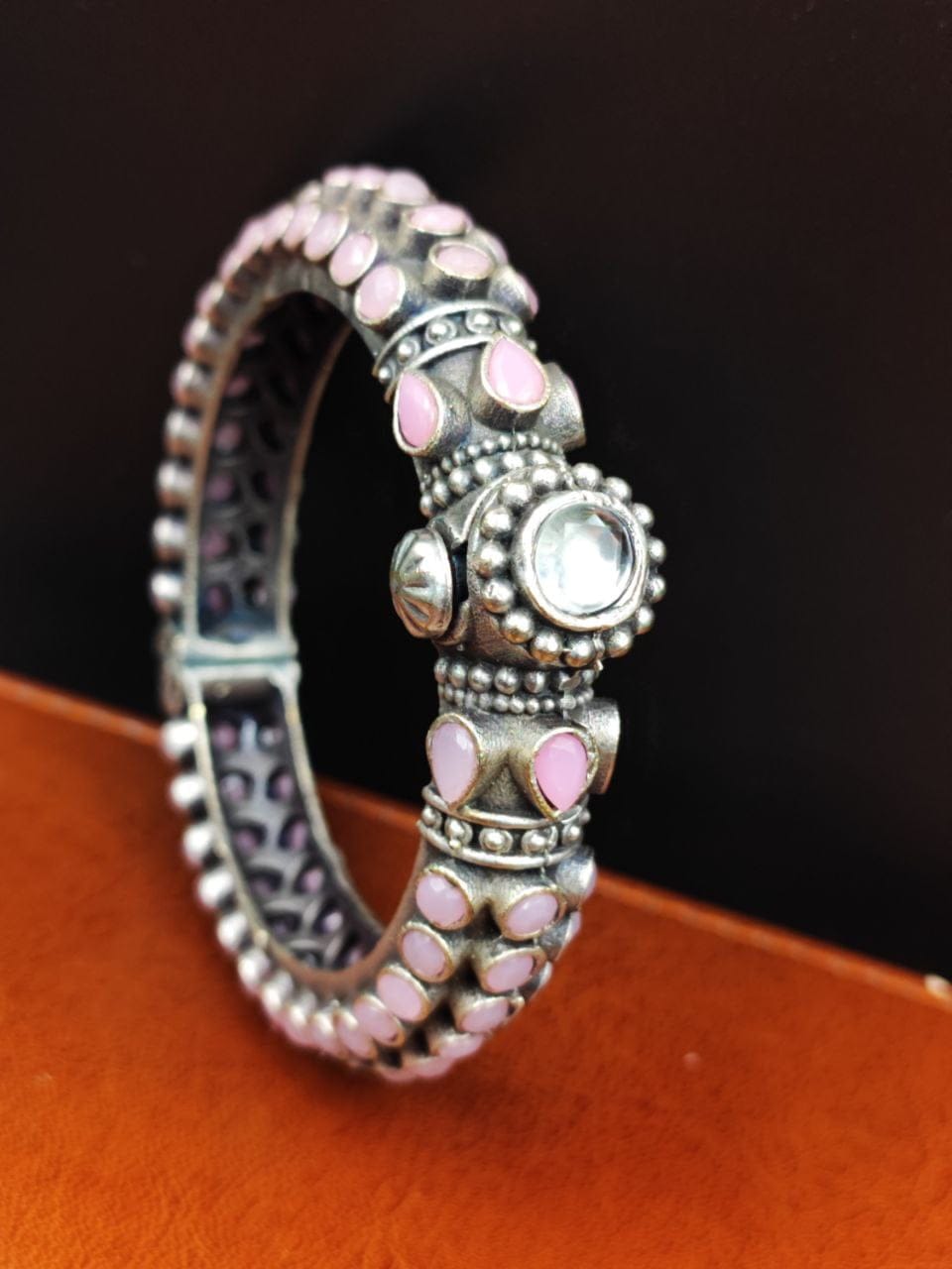 Stone Work Oxidised Silver Replica Bangles | Free Size Openable Bracelet - Image 3