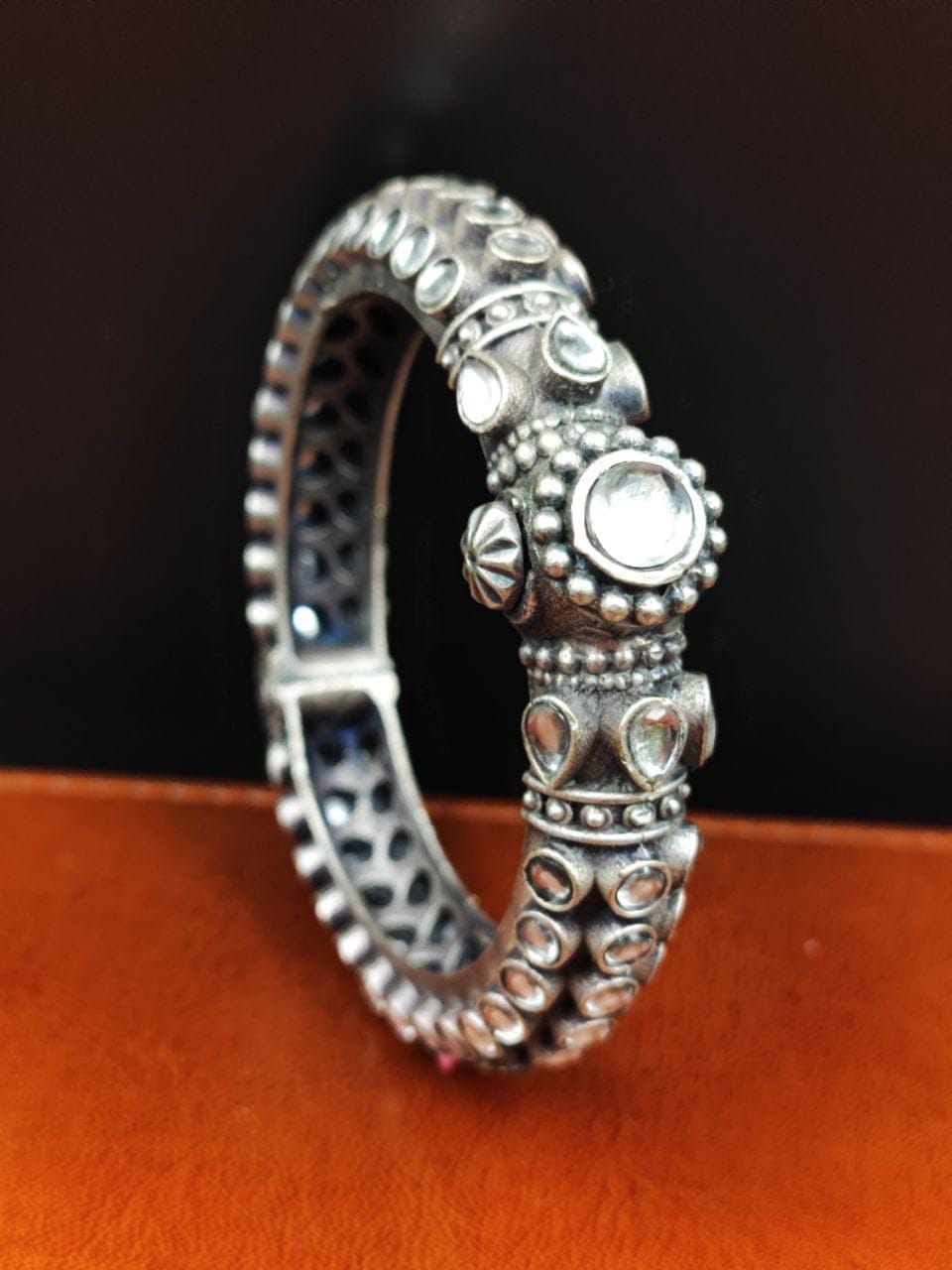 Stone Work Oxidised Silver Replica Bangles | Free Size Openable Bracelet - Image 2