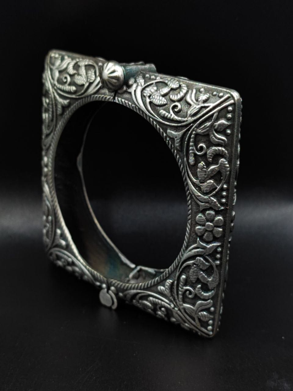 Oxidised Square Bangles / Kada for Girls | Silver Replica Openable Bracelet - Image 3