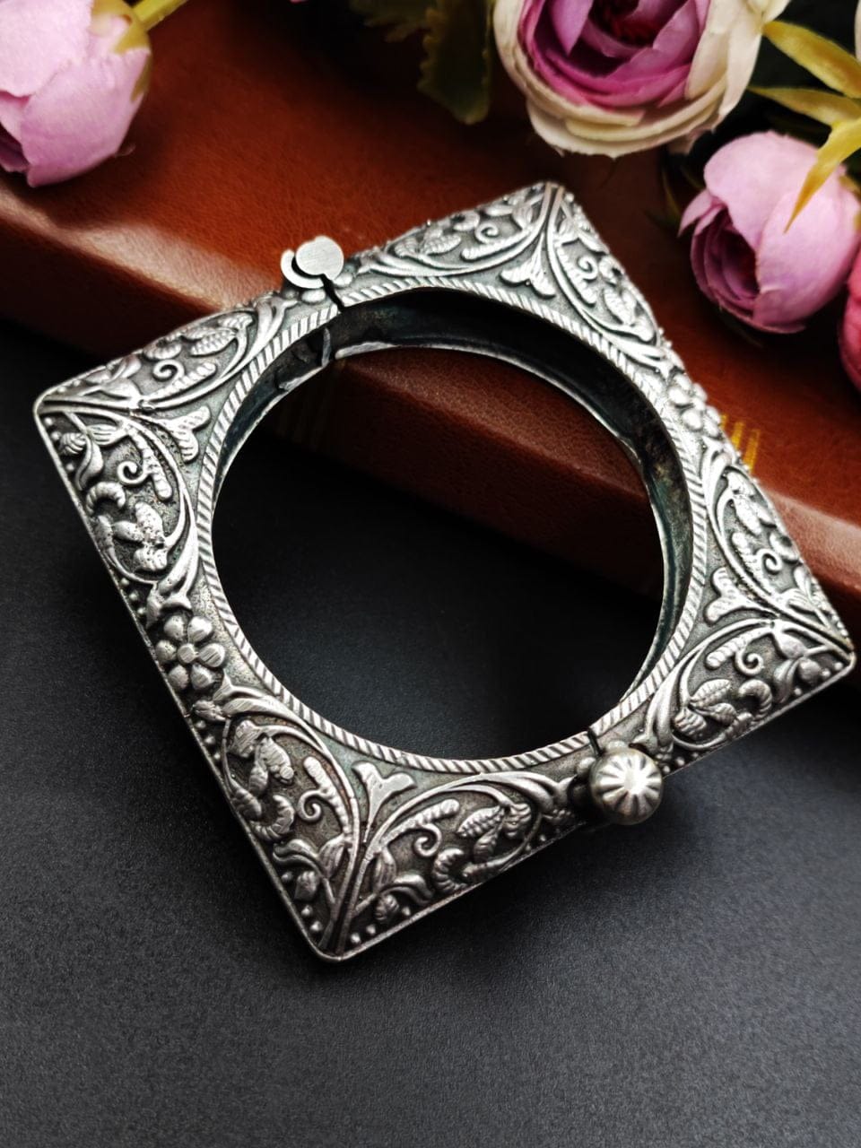 Oxidised Square Bangles / Kada for Girls | Silver Replica Openable Bracelet