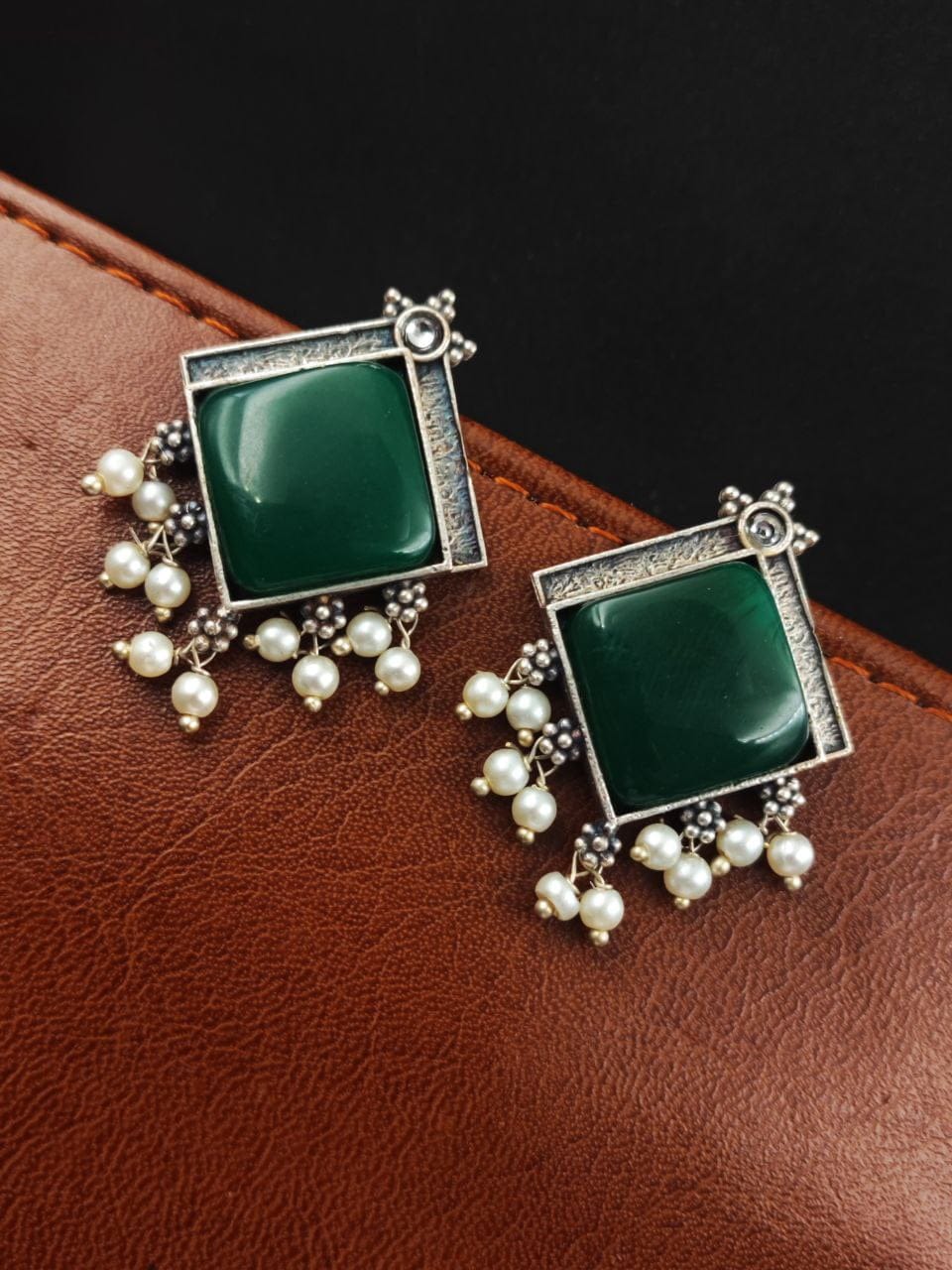 Oxidised Earrings With Square Monalisa Stones - Best Pearl Beads Earring - Image 10