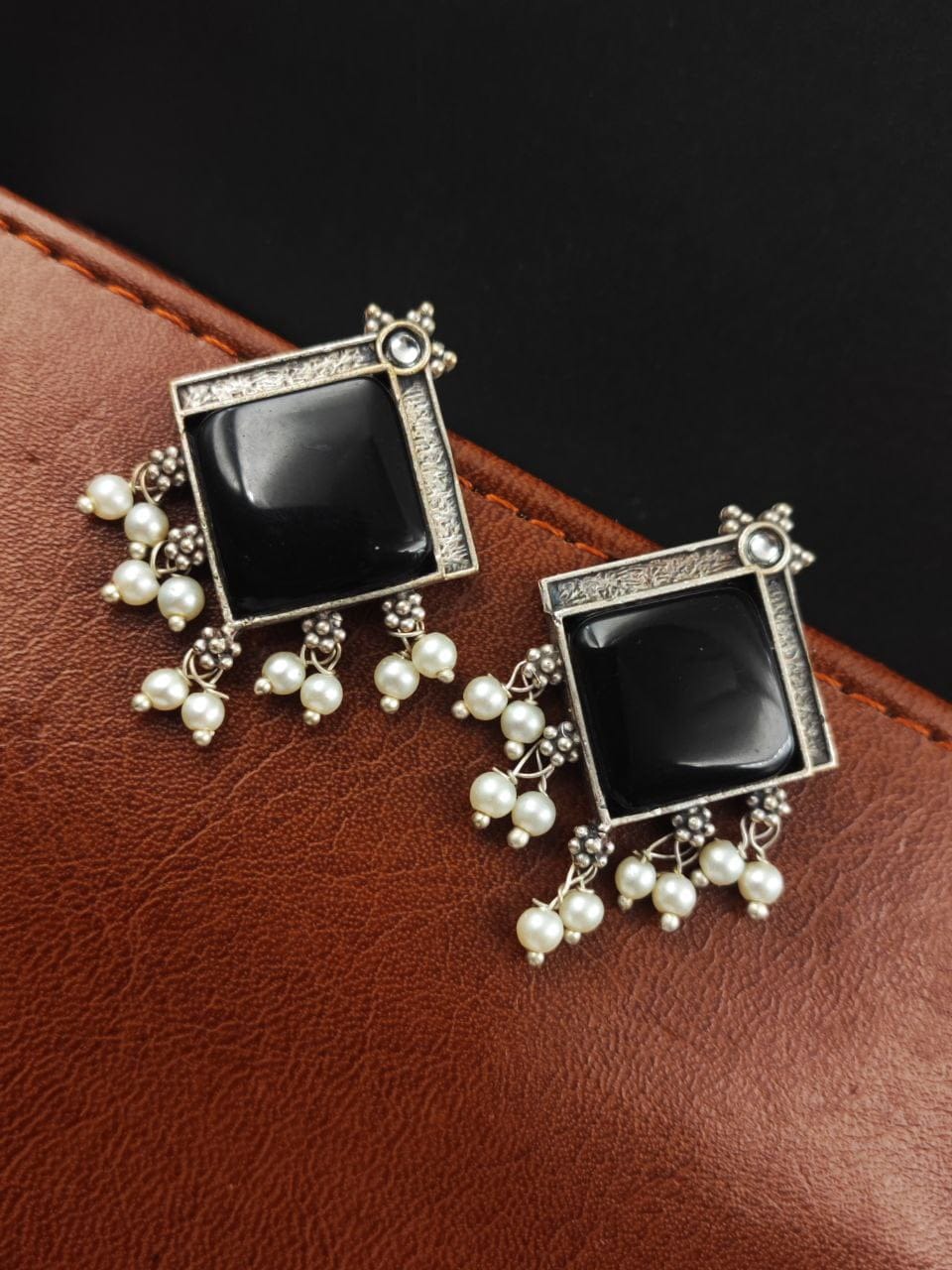 Oxidised Earrings With Square Monalisa Stones - Best Pearl Beads Earring - Image 9