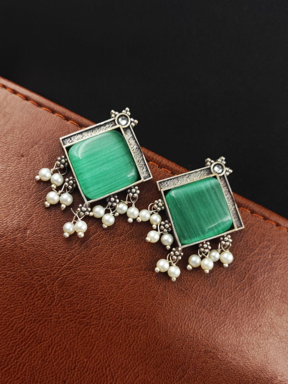 Oxidised Earrings With Square Monalisa Stones - Best Pearl Beads Earring