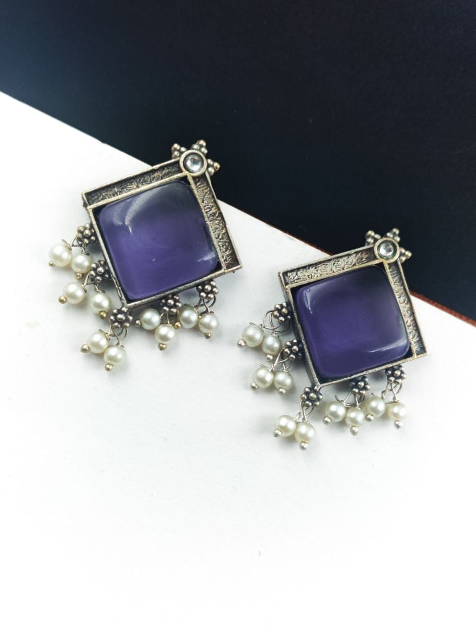 Oxidised Earrings With Square Monalisa Stones - Best Pearl Beads Earring - Image 8