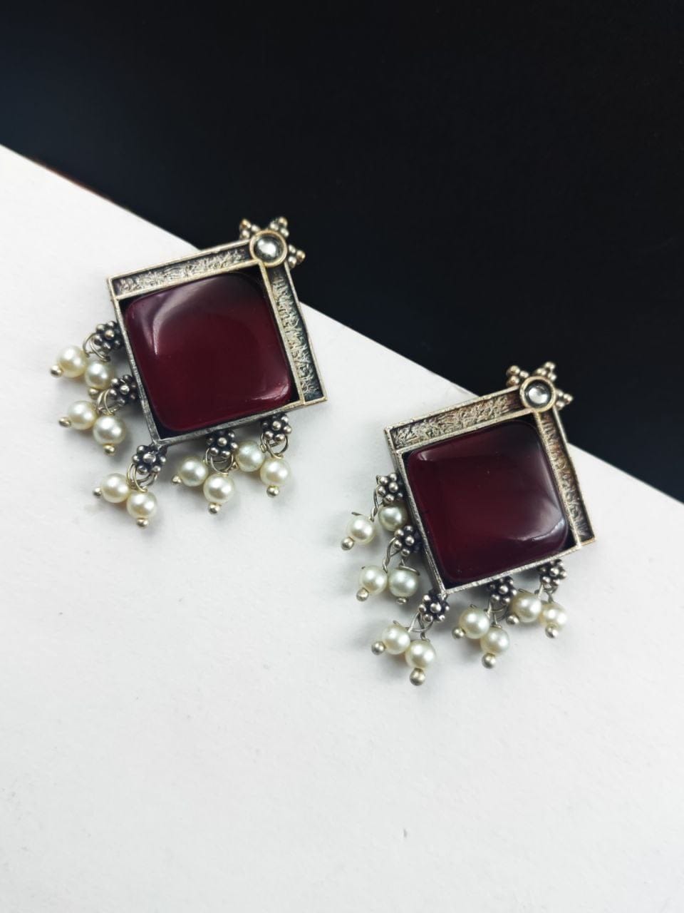Oxidised Earrings With Square Monalisa Stones - Best Pearl Beads Earring - Image 6