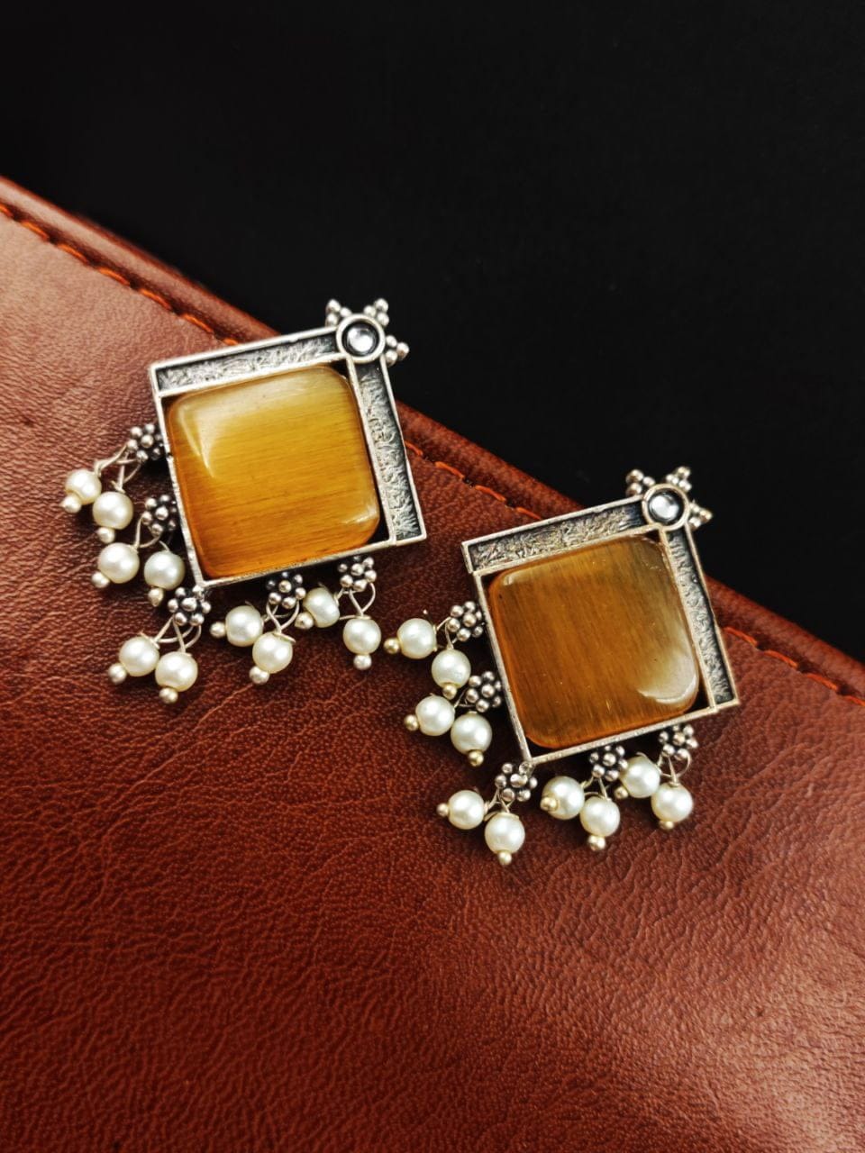 Oxidised Earrings With Square Monalisa Stones - Best Pearl Beads Earring - Image 7