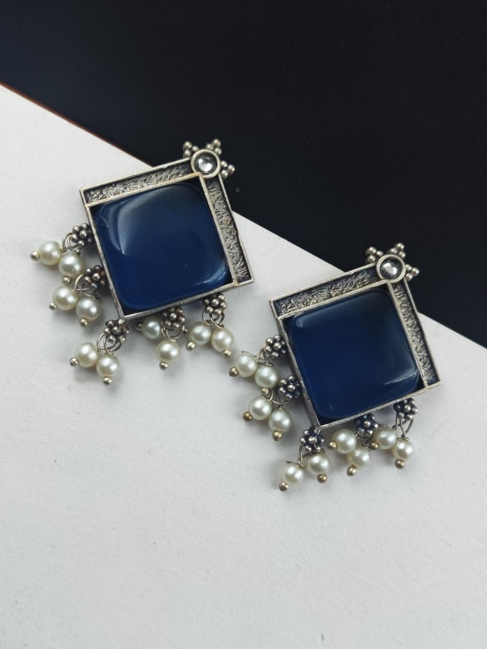 Oxidised Earrings With Square Monalisa Stones - Best Pearl Beads Earring - Image 2