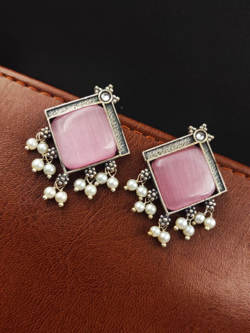 Oxidised Earrings With Square Monalisa Stones - Best Pearl Beads Earring - Image 5