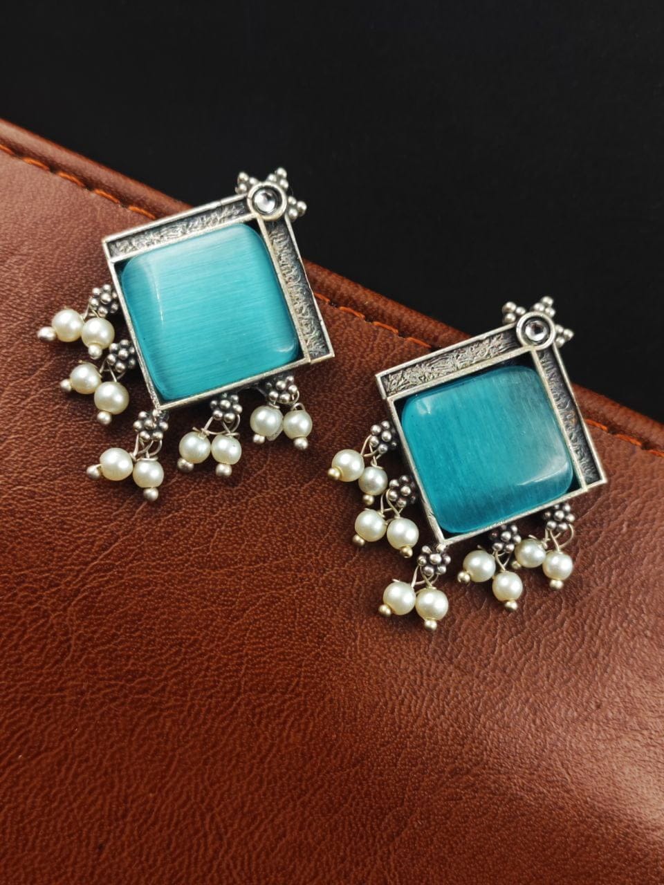 Oxidised Earrings With Square Monalisa Stones - Best Pearl Beads Earring - Image 4
