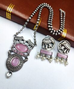 Alternative view of Elephant Chain Pendant Set with Monalisa Stone - Unique Handcrafted Jewelry
