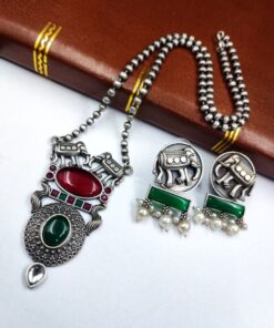Elephant Chain Pendant Set with Monalisa Stone - Unique Handcrafted Jewelry