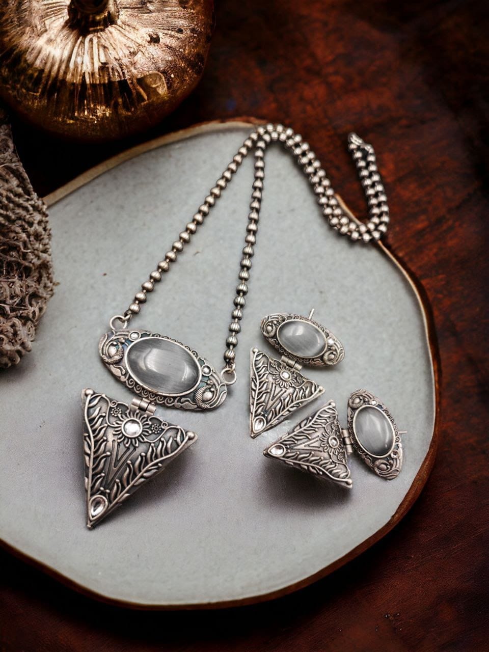 Antique Silver Look Necklace Tringle Pendant Best Matching Earrings For Girls - Image 3