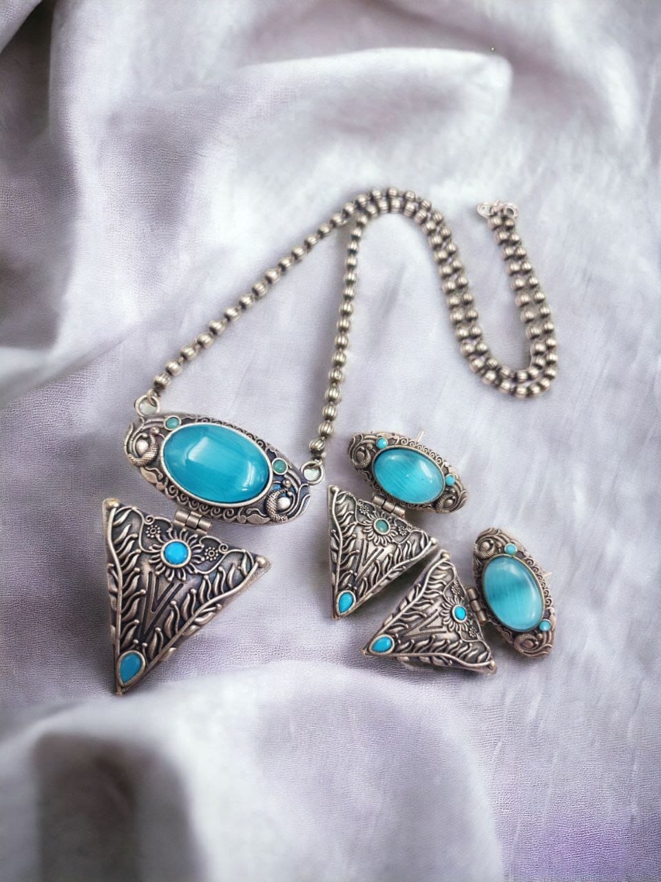 Antique Silver Look Necklace Tringle Pendant Best Matching Earrings For Girls - Image 6