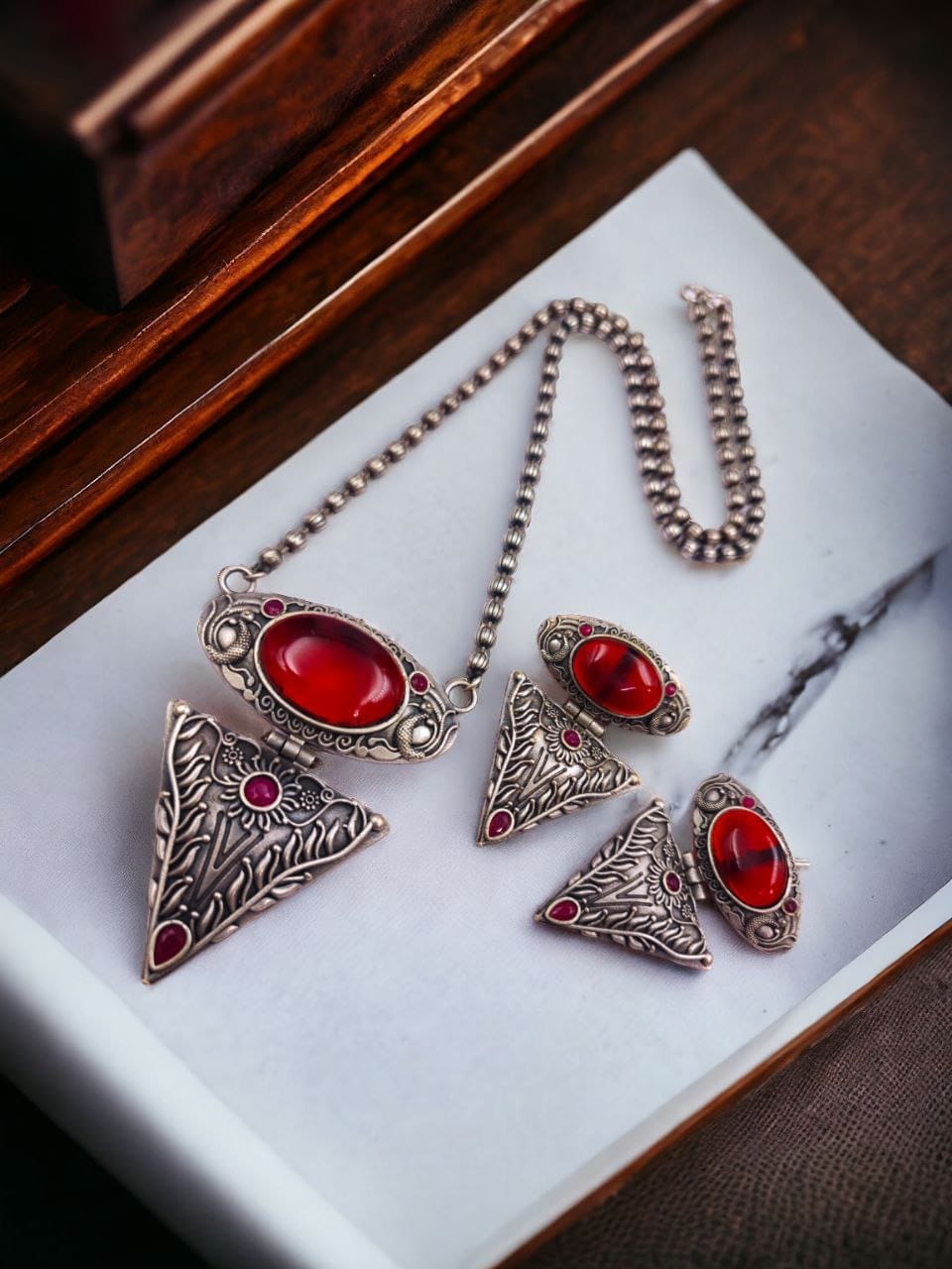 Antique Silver Look Necklace Tringle Pendant Best Matching Earrings For Girls - Image 9