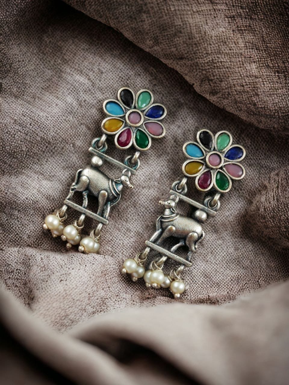 Traditional Nandi Earrings - Best Oxidised Silver Replica Stud For Girls - Image 9