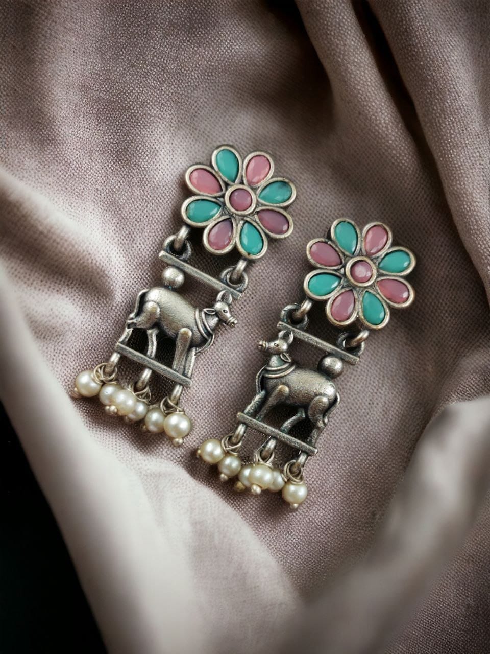 Traditional Nandi Earrings - Best Oxidised Silver Replica Stud For Girls - Image 8