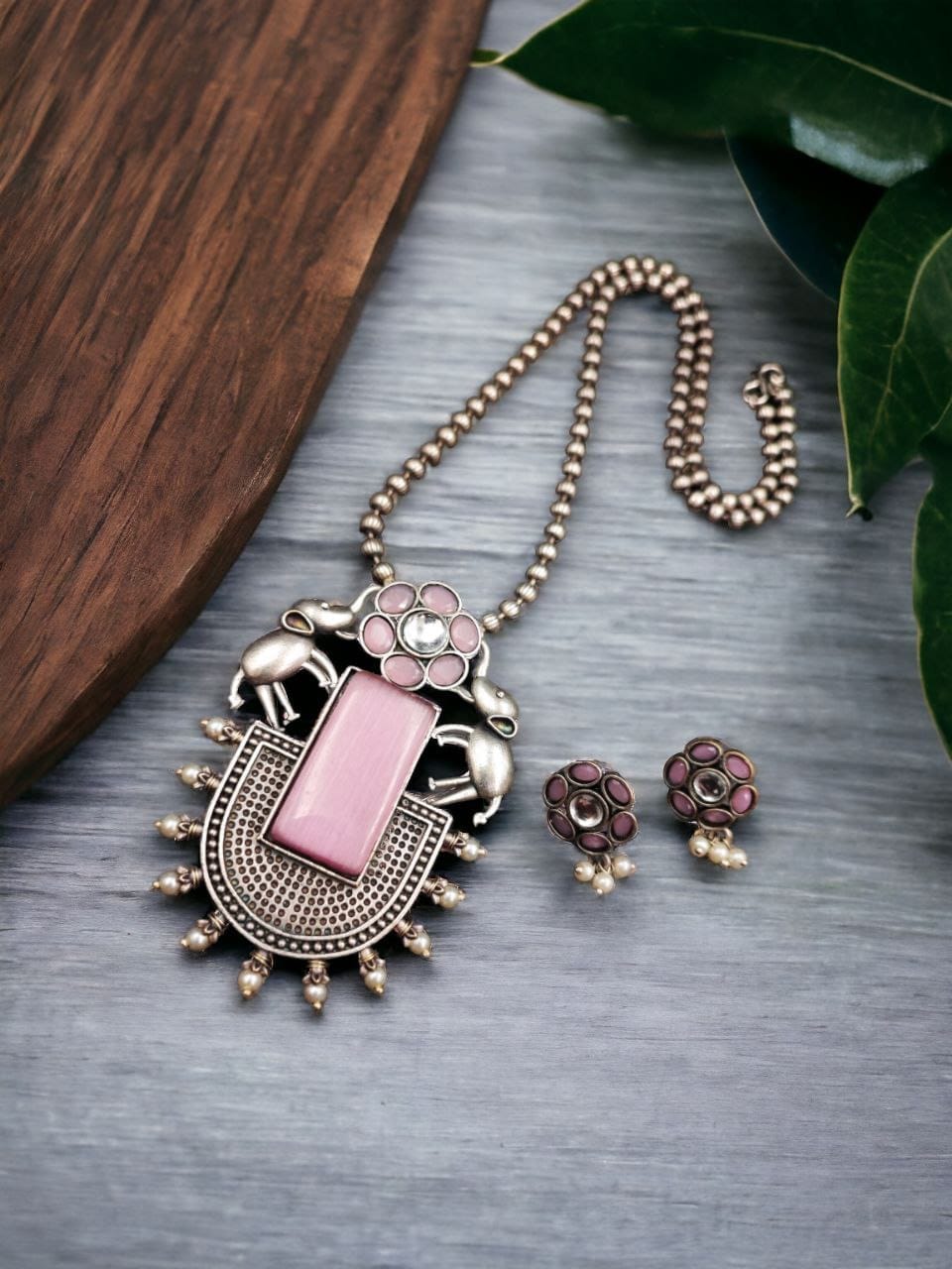 Silver Replica Necklace | Elephant Design Pendant Set | Monalisa Stone Necklaces - Image 2