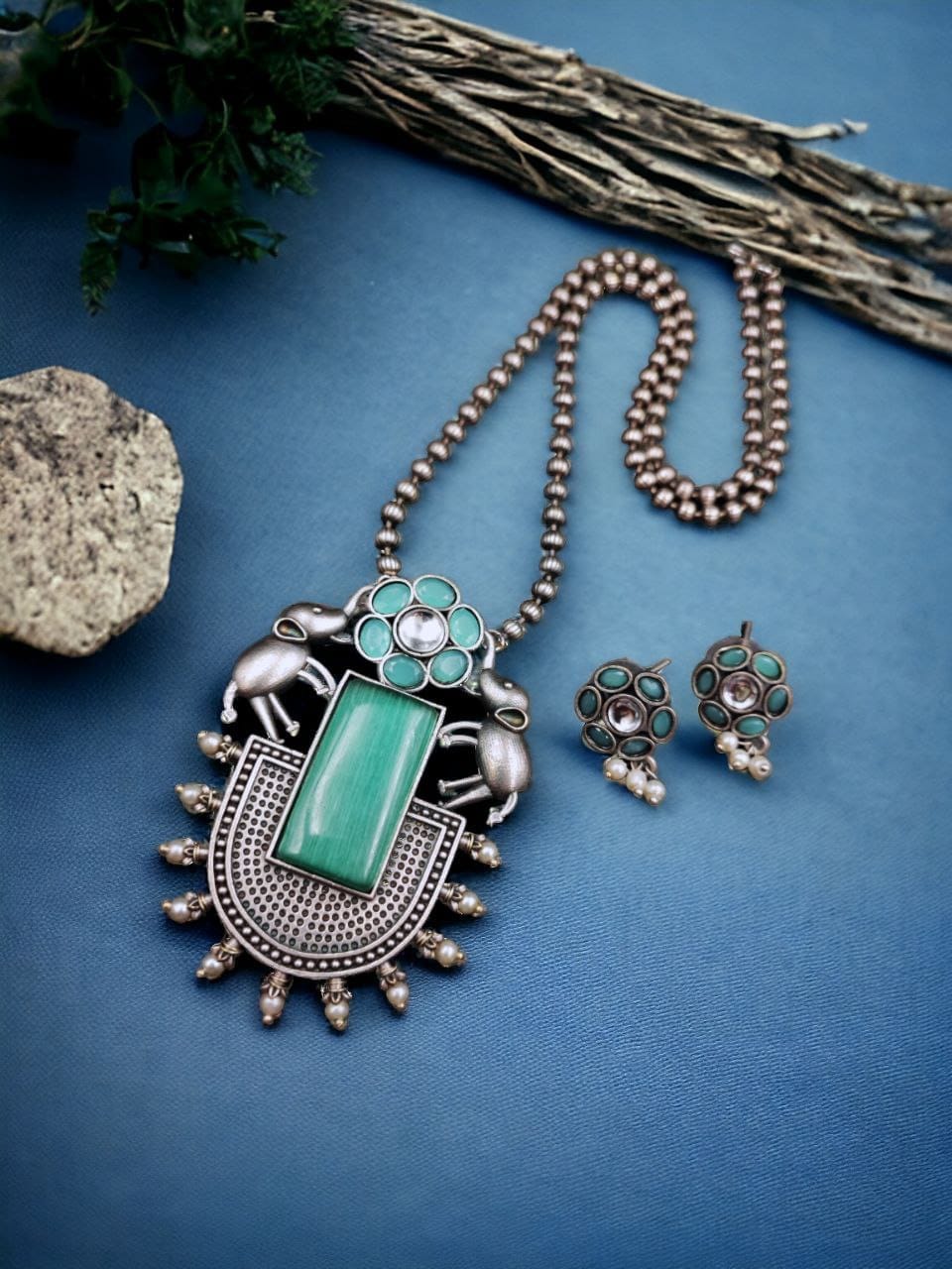 Silver Replica Necklace | Elephant Design Pendant Set | Monalisa Stone Necklaces - Image 3