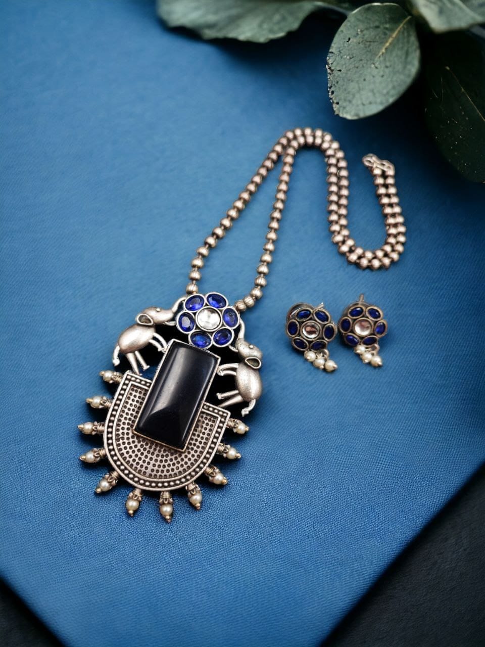 Silver Replica Necklace | Elephant Design Pendant Set | Monalisa Stone Necklaces - Image 5