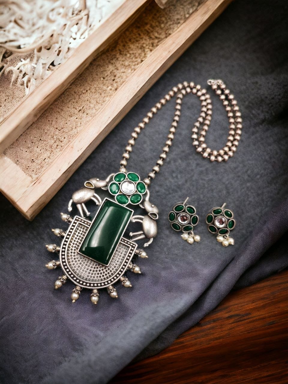 Silver Replica Necklace | Elephant Design Pendant Set | Monalisa Stone Necklaces - Image 4