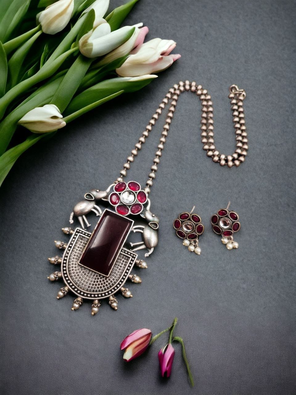 Silver Replica Necklace | Elephant Design Pendant Set | Monalisa Stone Necklaces - Image 6