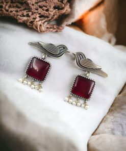 Alternative view of Stylish Bird Earrings | Best High-Quality Stone With Antique Finish Oxidized Dangler Studs