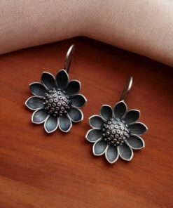Silver look alike Flower Earrings | Unique Oxidized Hook Style Jewelry For Girls
