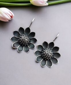 Alternative view of Silver look alike Flower Earrings | Unique Oxidized Hook Style Jewelry For Girls