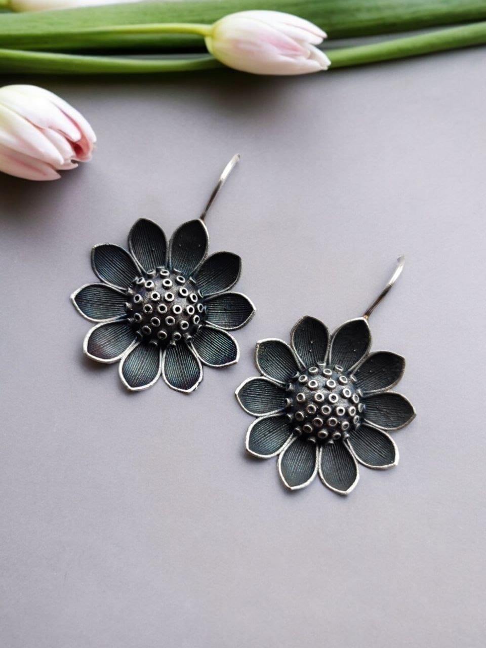 Silver look alike Flower Earrings | Unique Oxidized Hook Style Jewelry For Girls - Image 2