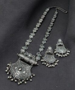 Alternative view of Silver Replica Necklace Set | Oxidized Long Haram Necklaces For Girls