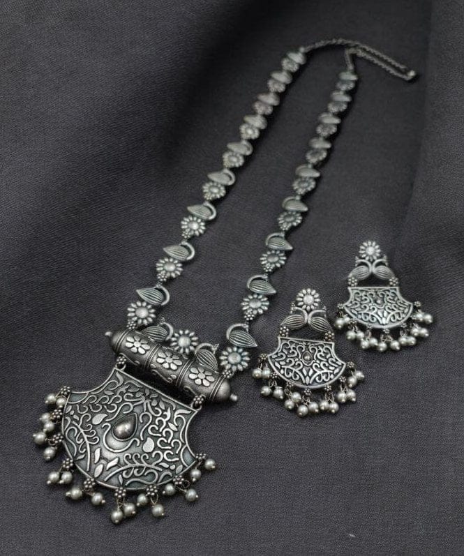 Silver Replica Necklace Set | Oxidized Long Haram Necklaces For Girls - Image 2