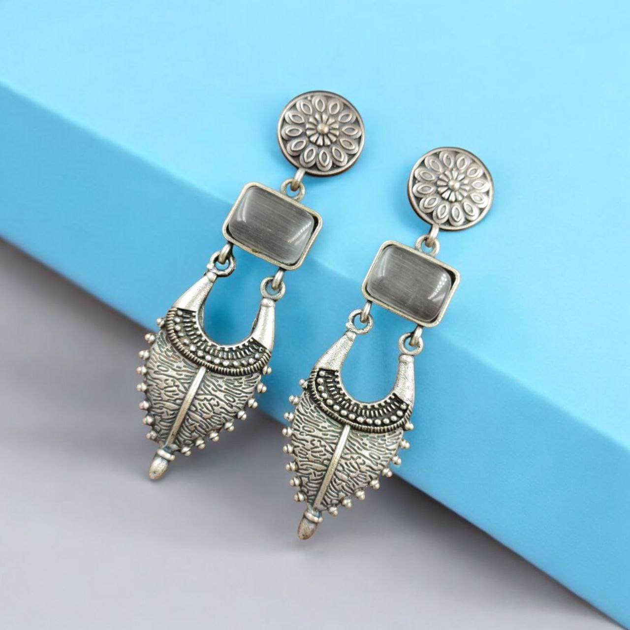 Traditional Silver Replica Earrings | Adorable Designer Monalisa Stone Jewelry - Image 7