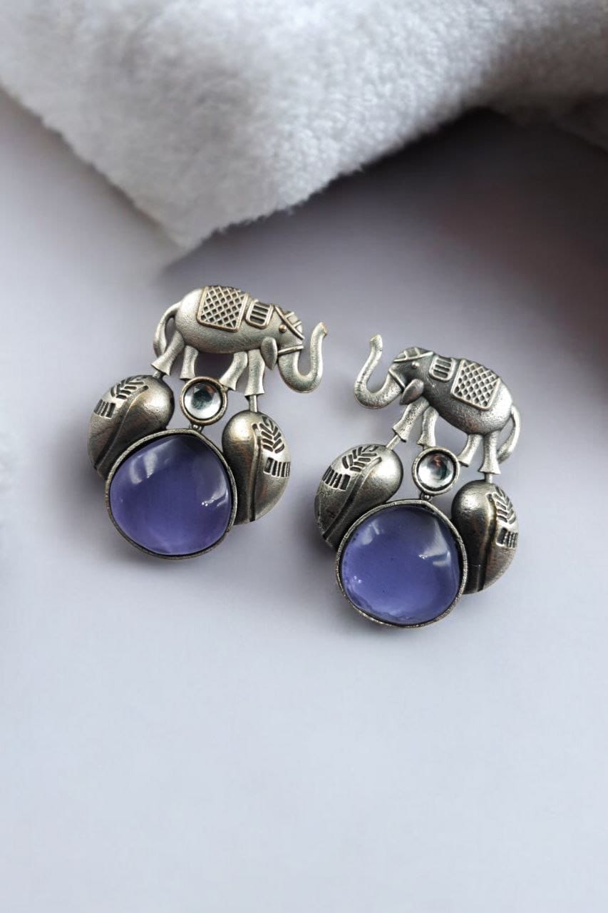 Traditional Silver Replica Elephant Design Earrings - Best Monalisa Stone Stud - Image 10