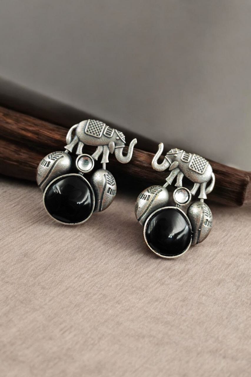 Traditional Silver Replica Elephant Design Earrings - Best Monalisa Stone Stud